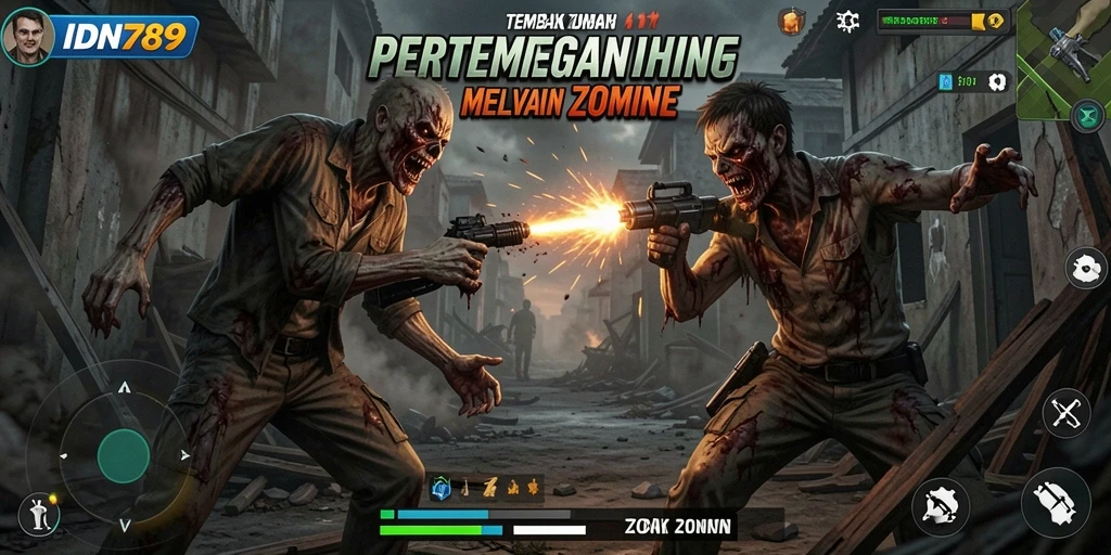 Tampilan antarmuka IDN789 saat melawan zombie yang menyeramkan.